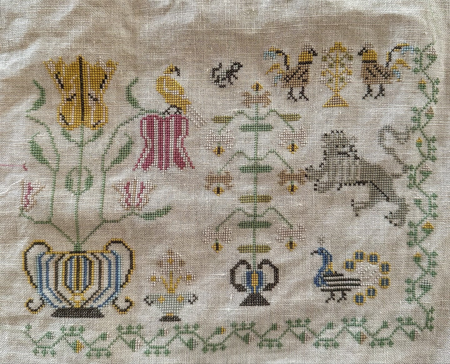 I have completed page two of Dutch Beauty🫶🏻! Now to work on other stitchy items before next month. 
I hope you have a wonderful weekend. 
Love y’all mucho! 
.
Pattern Deets:
Dutch Beauty 
Floss- DMC 
Stitching one over two on 40 count linen- patriots brew 
.
.
.
.
.
.
.
.
.
#stitchers #flosstuber #crossstitchlove #crossstitchland #samplerstitching #dutchbeauty #letsweekend #crafterofinstagram #dmcfloss #dmcthread #samplerlove #crossstitchcrazy