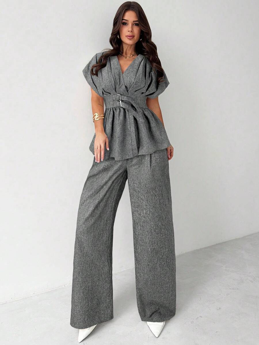 Firerie New Elegant Minimalist Grey Knit V-Neck Button-Front Cinched Waist Top & High Waist Strai... | SHEIN