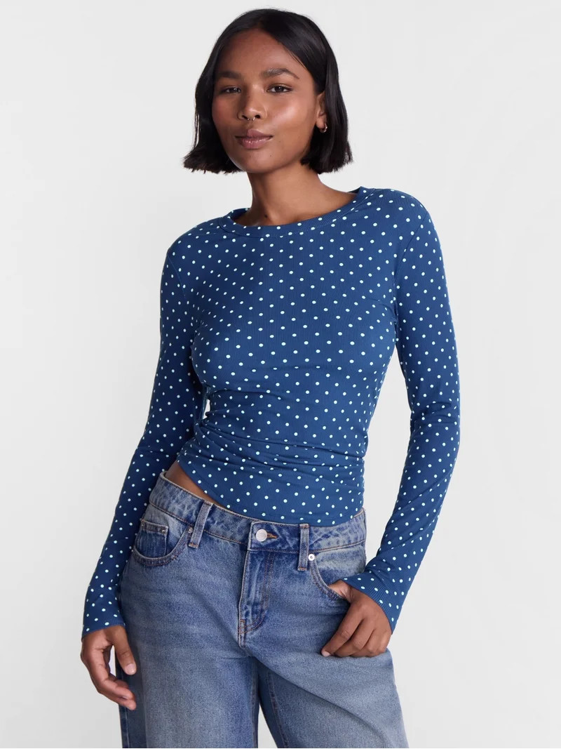 No Boundaries Ribbed Crewneck Tee with Long Sleeves, Women's & Women's Plus XXS-4X | Walmart (US)