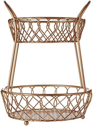 Gourmet Basics by Mikasa Loop and Lattice Metal 2-Tier Round Fruit Storage Basket, Matte Gold | Amazon (US)