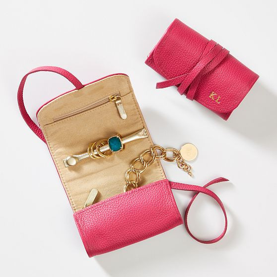 Leather Jewelry Roll Up, Pink | Mark and Graham