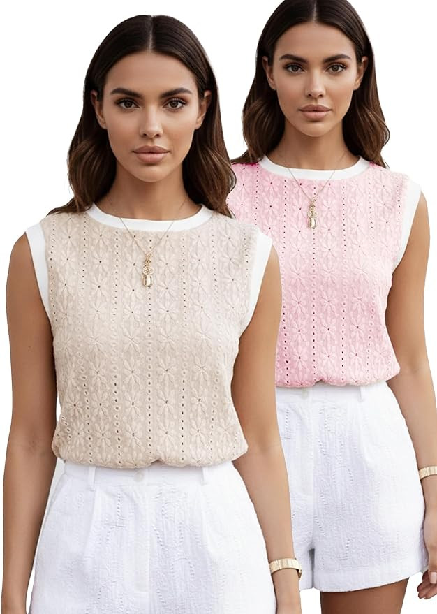 Women Eyelet Tank Tops Floral Casual Round Neck Sleeveless Summer Tops Trendy Basic Cute Plain Ta... | Amazon (US)
