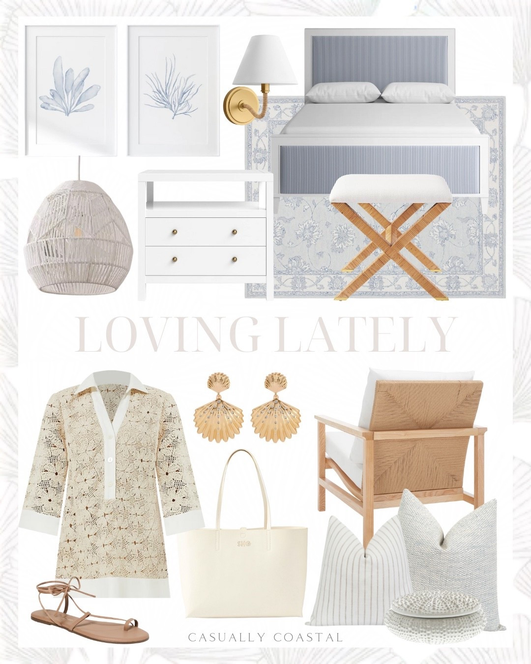Loving Lately! 😍 Many items on sale including the rug, pendant light, x-base stool, nightstand and more!
——-
 Coastal home decor, coastal dress, coastal bed, coastal wall art, coastal chair, coastal wall decor, coastal tote bag, coastal pendant light, coastal stool, coastal sconce, coastal pillows, tuckernuck crochet dress, stripe pillow, woven pillow, upholstered armchair, muted blue corals, seaweed painting, Wool and cotton rug, oriental tug, wayfair rug, tkees lace up sandals, wayfair bed, upholstered standard bed, 2 drawer nightstand, dimmable bath sconce, pendant, sea urchin ceramic jewelry box, shell drop earrings, gold earrings, rattan x-base stool, tote bag 

#LTKSaleAlert #LTKFindsUnder100 #LTKHome