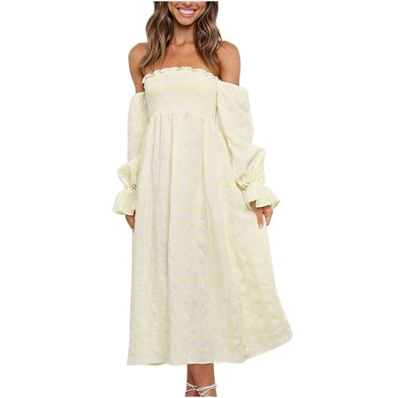 JIAMERY Summer Women’s Off Shoulder Maxi Dress Boho Flowy Puff Sleeve Off The Shoulder Summer Casual | Walmart (US)