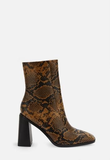 Missguided - Tan Snake Print Square Toe Ankle Boots | Missguided (US & CA)
