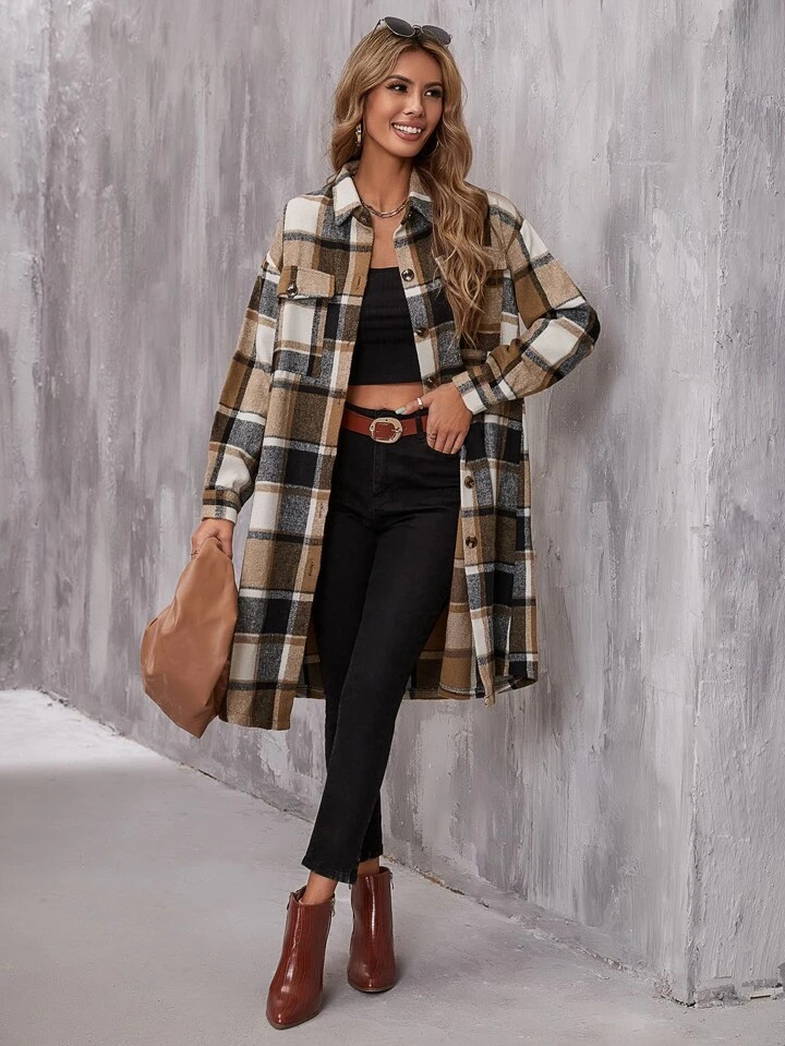 SHEIN LUNE Plaid Flap Pocket Drop Shoulder Coat | SHEIN