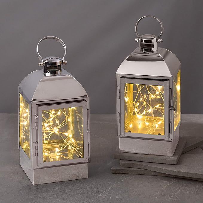 Decorative Lantern with Fairy Lights - Silver Metal, 8 Inch, Battery Operated, 30 Warm White LED ... | Amazon (US)