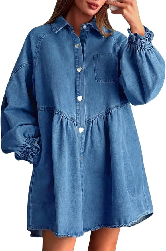 Womens Babydoll Denim Dress Puff Sleeve Button Up Jean Mini Dress | Amazon (US)