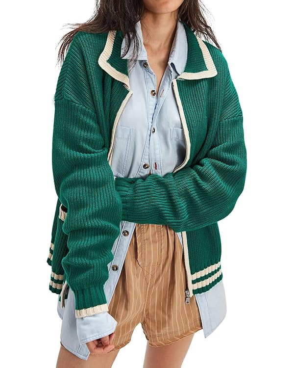 CHARTOU Casual Knit Zip Up Sweater for Women 2025 Fall Outfits Contrast Trim Open Front Cardigan ... | Amazon (US)