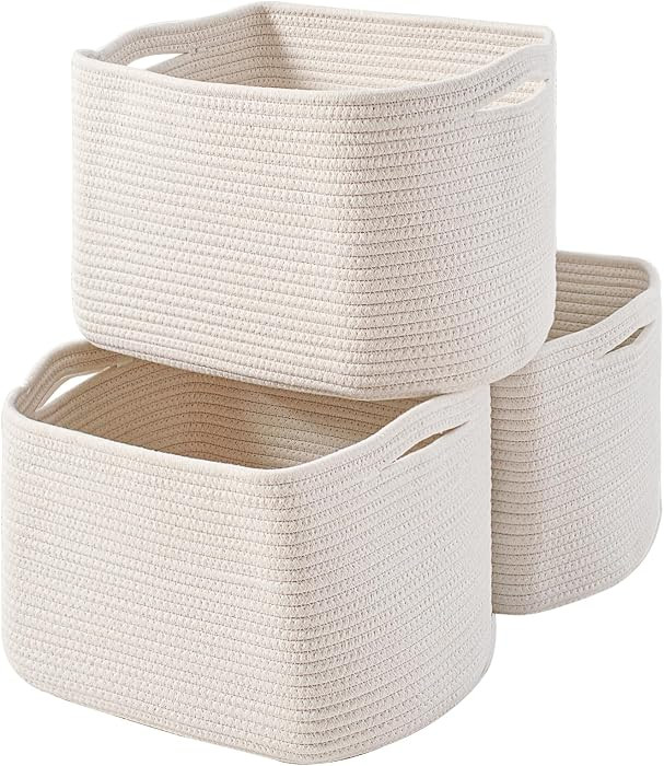 Storage Baskets for Organizing Shelves, Woven Cotton Rope Bins for Baby Nursery Organization, Boo... | Amazon (US)