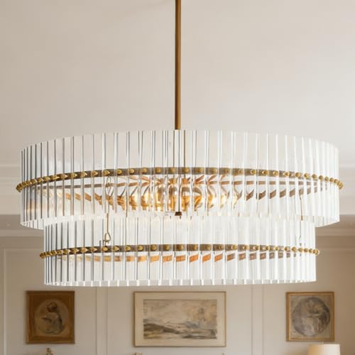 Crystal Fluted Glow Chandelier, Finial Details, Craftsmanship, Fluted Modern Design,Bronze-Finished Iron Finials, Light Fixtures for Dining Room, Dining Room Light Fitting,34" l x 34" w x 10" h | Amazon (US)