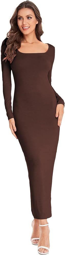 Verdusa Women's Long Sleeve Square Neck Bodycon Maxi Long Dress | Amazon (US)