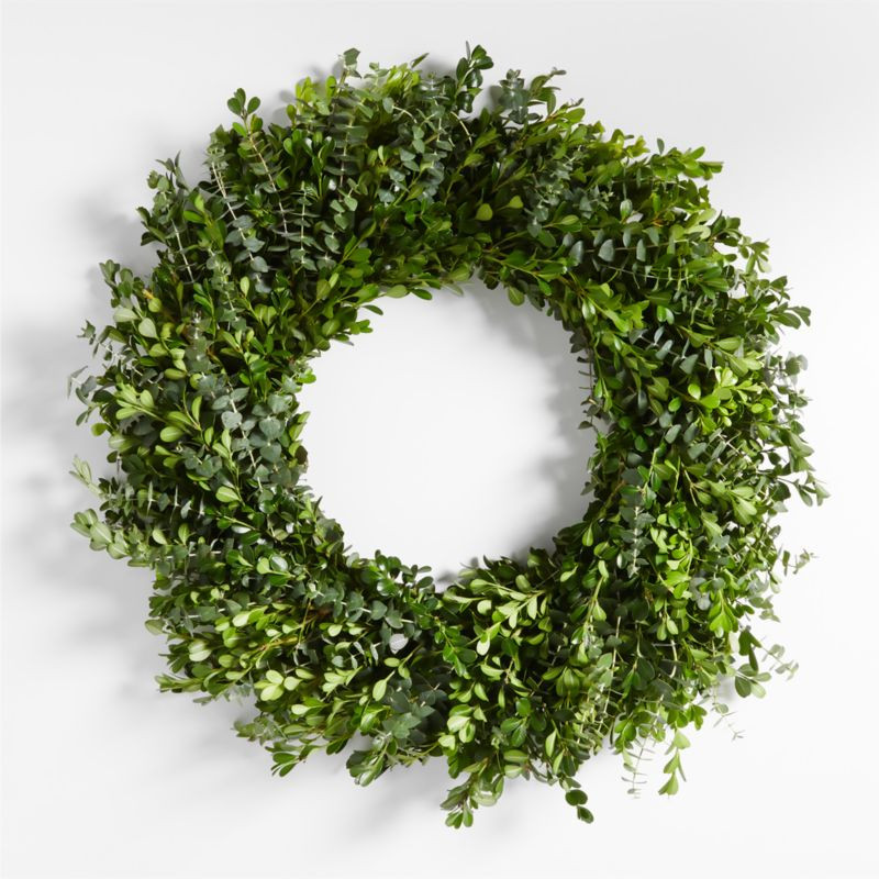 Live Boxwood & Baby Blues Wreath 24" + Reviews | Crate & Barrel | Crate & Barrel