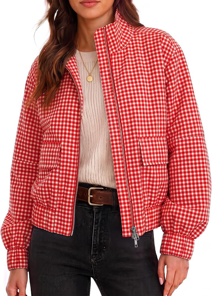 Womens Cropped Plaid Jacket Zip Up Lightweight Casual Coat with Pockets | Amazon (US)