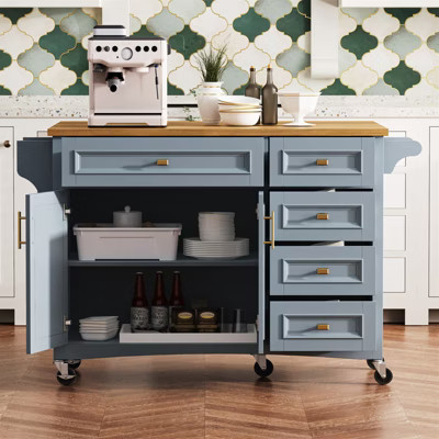 Rolling Kitchen Island Cart with 2 Doors & 5 Drawers, Mobile Storage Trolley with Spice Rack, Towel Rack & Drop Leaf for Dining Room Blue+Grey | Target