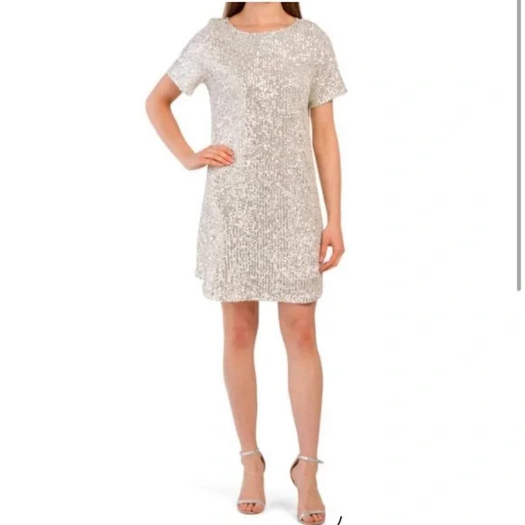 7 For All Mankind short sleeve sequin mini party dress in silver - size medium | Poshmark