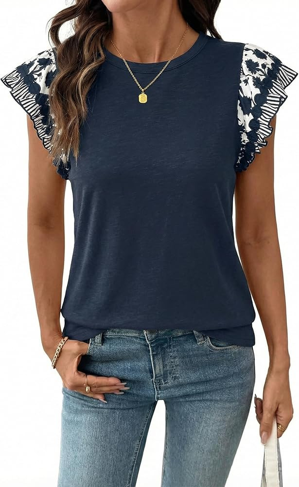 Acelitt Womens Summer Ruffle Short Sleeve Top Crewneck T Shirts Boho Floral Trim Casual Blouses | Amazon (US)