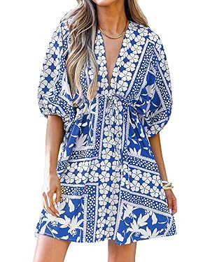 CUPSHE Women's Plunging V Neck Floral Backless Beach Dress Blouson Sleeve Back Tie Waist Tie Mini... | Amazon (US)
