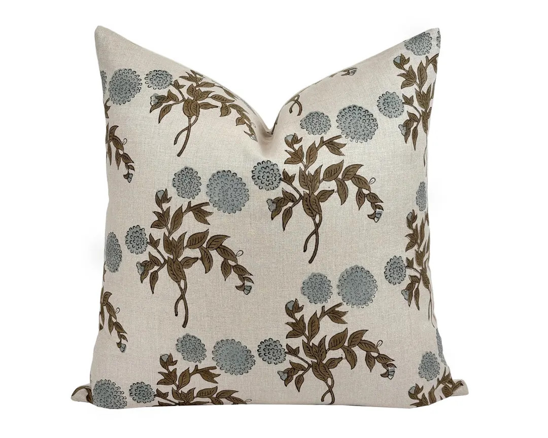 FONTANNE | Designer Grey Blue Floral Linen Pillow Cover, Block Print Pillow, Light Blue Pillow, B... | Etsy (US)
