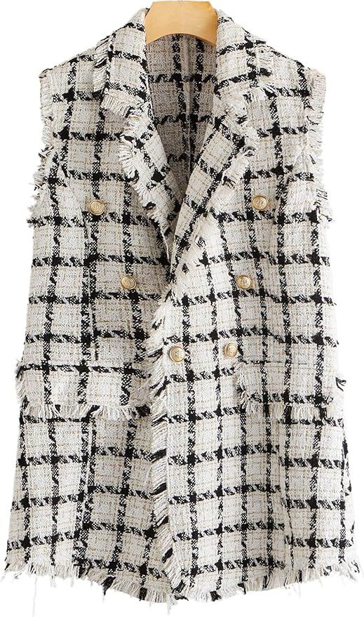 MakeMeChic Women's Double Breasted Houndstooth Tweed Coat Vest Outerwear | Amazon (US)
