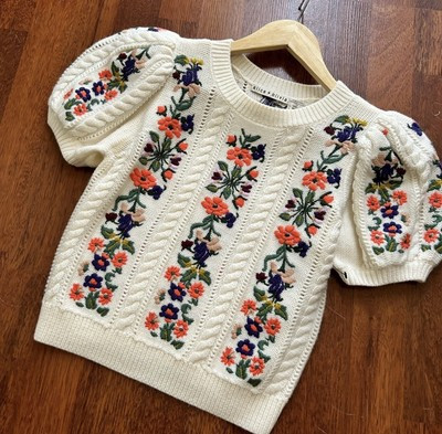 Alice + Olivia Darren Floral Embroidered Puff Sleeve Cropped Sweater Size XS/S | eBay US