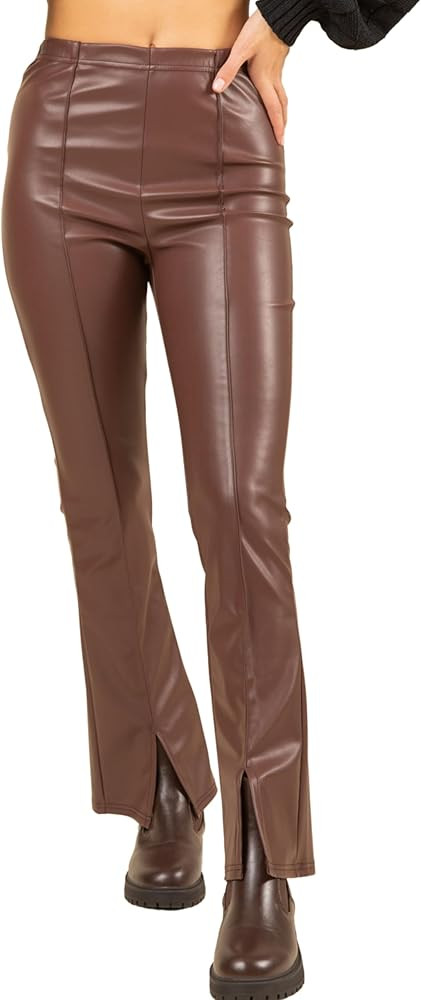 MOVINT Women's High Waist Bell Bottom Faux Leather Pants – Stretch Leggings Fit with Front Slit... | Amazon (US)