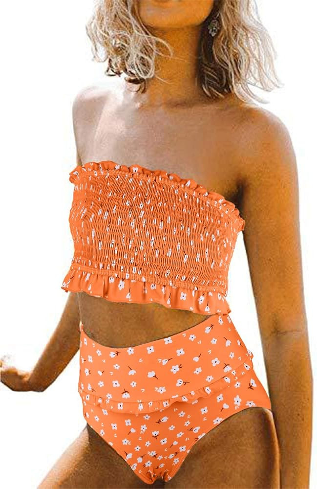 Aleumdr Womens 2 Pieces Bandeau Bikini Swimsuits Off Shoulder High Waist Bathing Suit | Amazon (US)