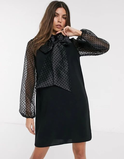 River Island pussybow dress with organza sleeves in black | ASOS (Global)