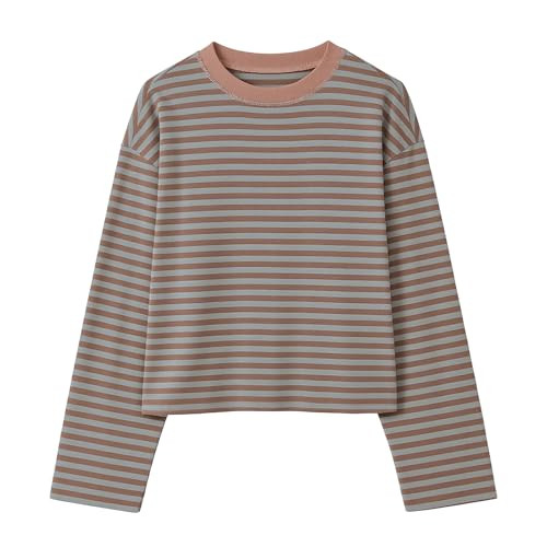 KOSUSANILL Striped Long Sleeve Shirt Women Oversized Baggy Tshirt Crewneck Boxy Cropped Tee Tops Drop Shoulder Y2K Cute Preppy Sweatshirt Vintage Teen Girls Fall Pullover Top (Pink, L) | Amazon (US)