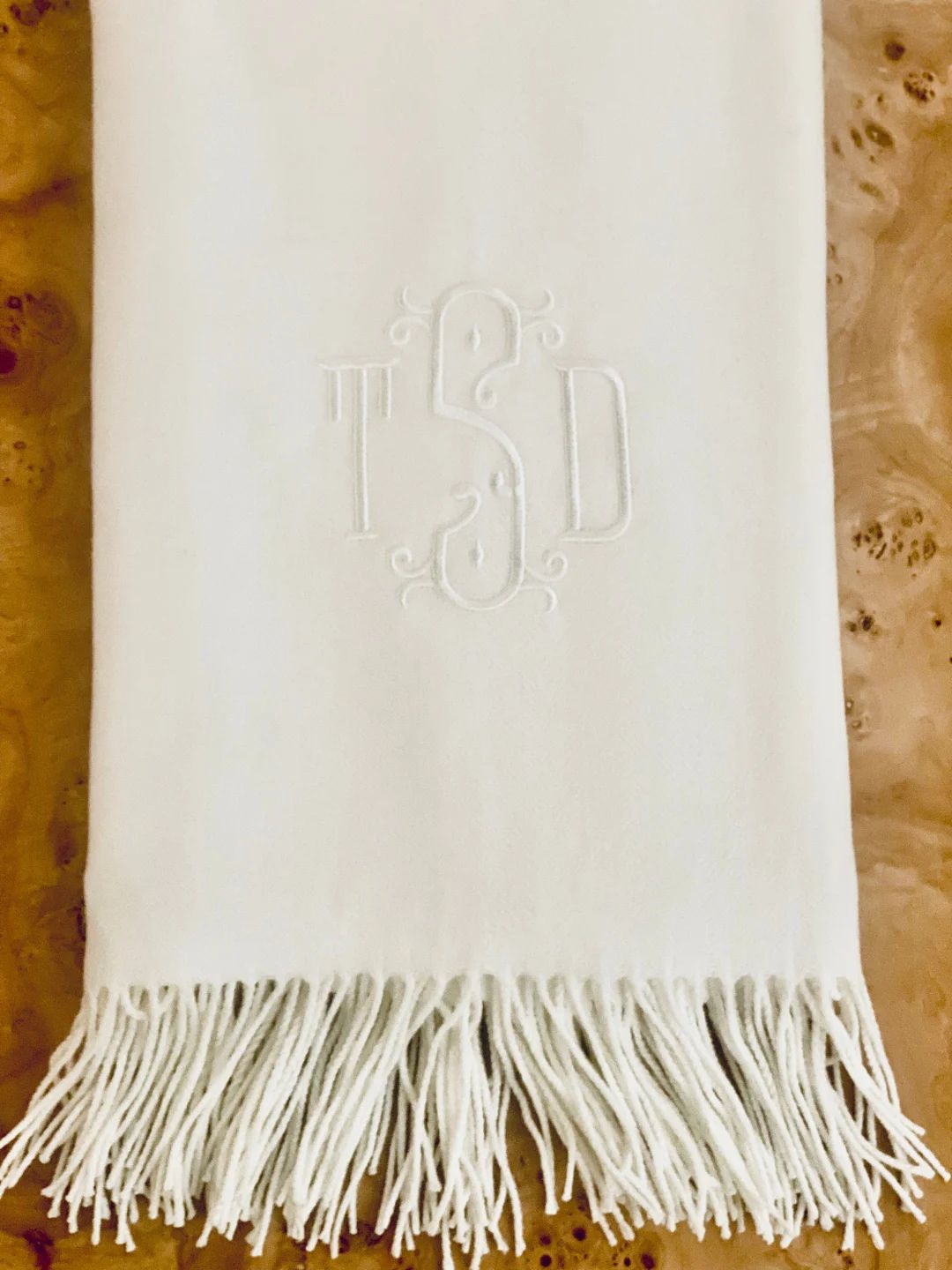 Monogrammed Throw Blanket With Fringe, Ivory Herringbone - Etsy | Etsy (US)