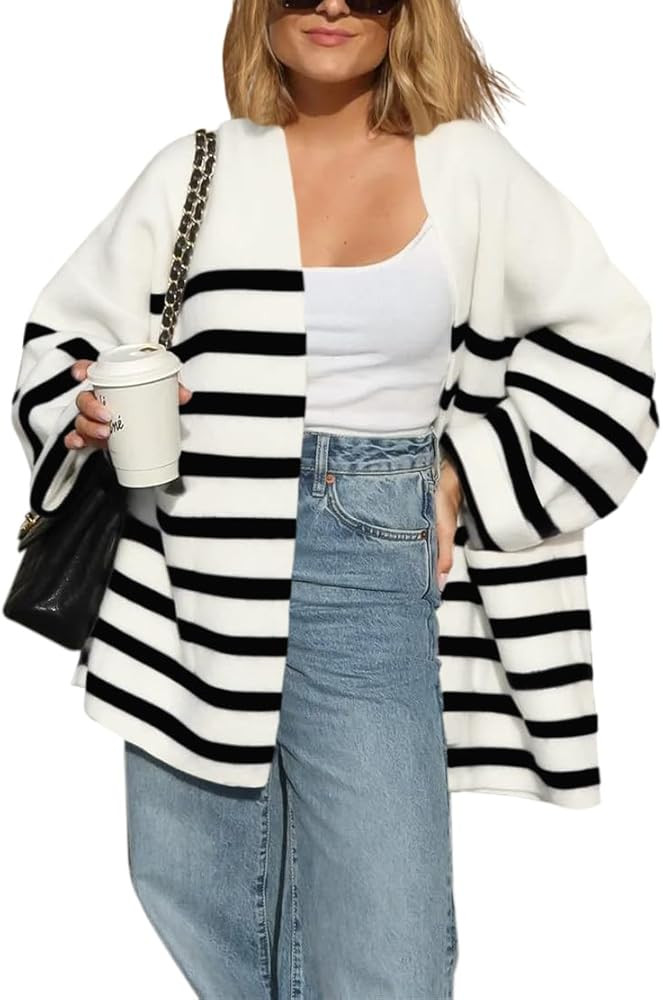 Saodimallsu Womens Oversized Striped Cardigans Open Front Chunky Knit Casual Loose Fit Long Sleev... | Amazon (US)