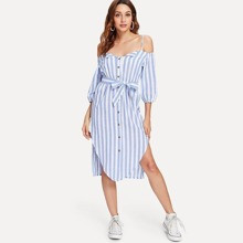 Open Shoulder Tie Waist Asymmetrical Hem Striped Dress | SHEIN