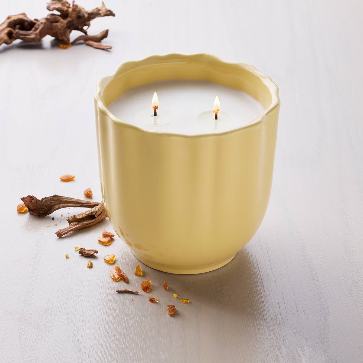 2-Wick Scalloped Ceramic Driftwood and Amber Jar Candle Yellow 18.4oz - Hearth & Hand™ with Mag... | Target