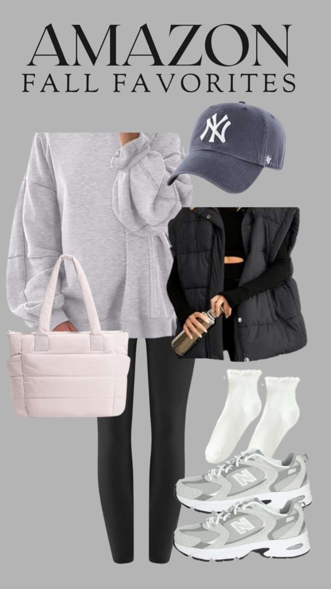 Cute comfy casual fall Amazon outfit ideas inspo sweater inspo puffer vest free people inspo look puffer bag new balance black leggings oversized sweater neutral aesthetic cute affordable 