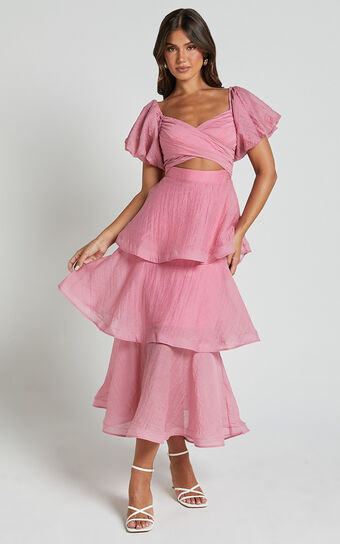 Giselle Midi Dress - Short Puff Sleeve Front Cut Out Layered Dress in Pink | Showpo (US, UK & Europe)