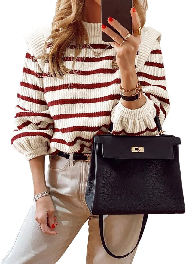 PRETTYGARDEN Women's Sweaters Casual Winter Long Lantern Sleeve Crewneck Ribbed Knit Pullover Str... | Amazon (US)