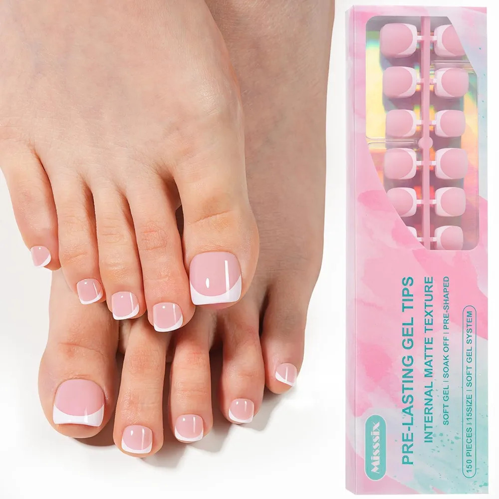Misssix Press On Toe nails Short, 150Pcs Pink French Toe Nail Tips, Square Soft Gel Fake Toe Nail... | Amazon (US)