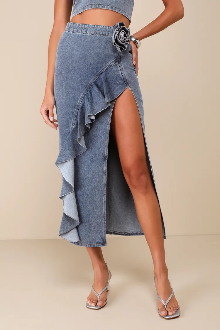 Favorite Reference Light Wash Denim Ruffled Midi Skirt | Lulus