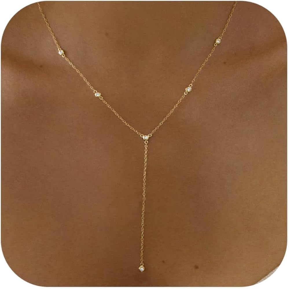 Gold Necklace for Women, Dainty Gold Long Necklaces 14k Gold Plated Prom Lariat Necklace Cute Cho... | Amazon (US)