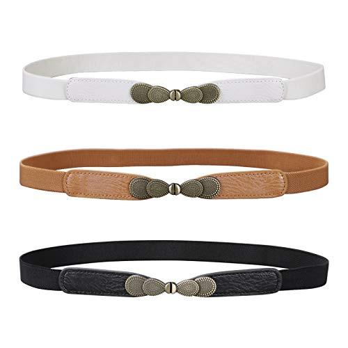 JASGOOD Women Skinny Elastic Stretch Belt for Dresses Retro Ladies Waist Vintage Thin Belt 3 Pack, Black+White+Brown | Amazon (US)