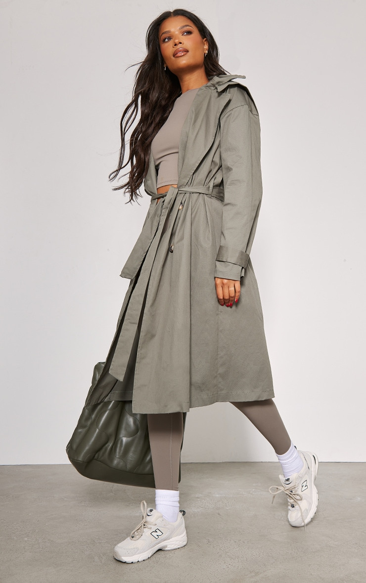 Khaki Woven Hooded Trench Coat | PrettyLittleThing UK