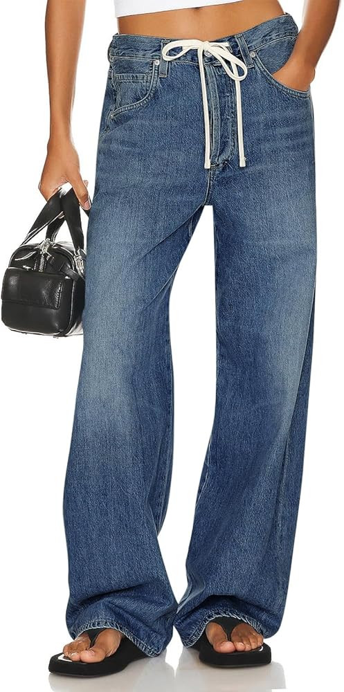 PLNOTME Womens Baggy Wide Leg Jeans Boyfriend Drawstring High Waisted Mom Denim Pants with Pocket... | Amazon (US)