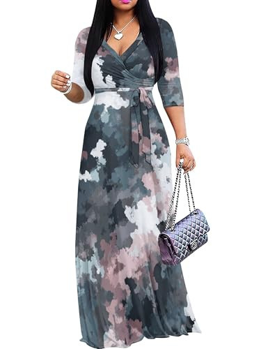 SUZONANA Plus Size Maxi Dress - Camo Camouflage Wrap Tie Waist Casual Long Dress 3/4 Sleeve for Curvy Women 2026 | Amazon (US)