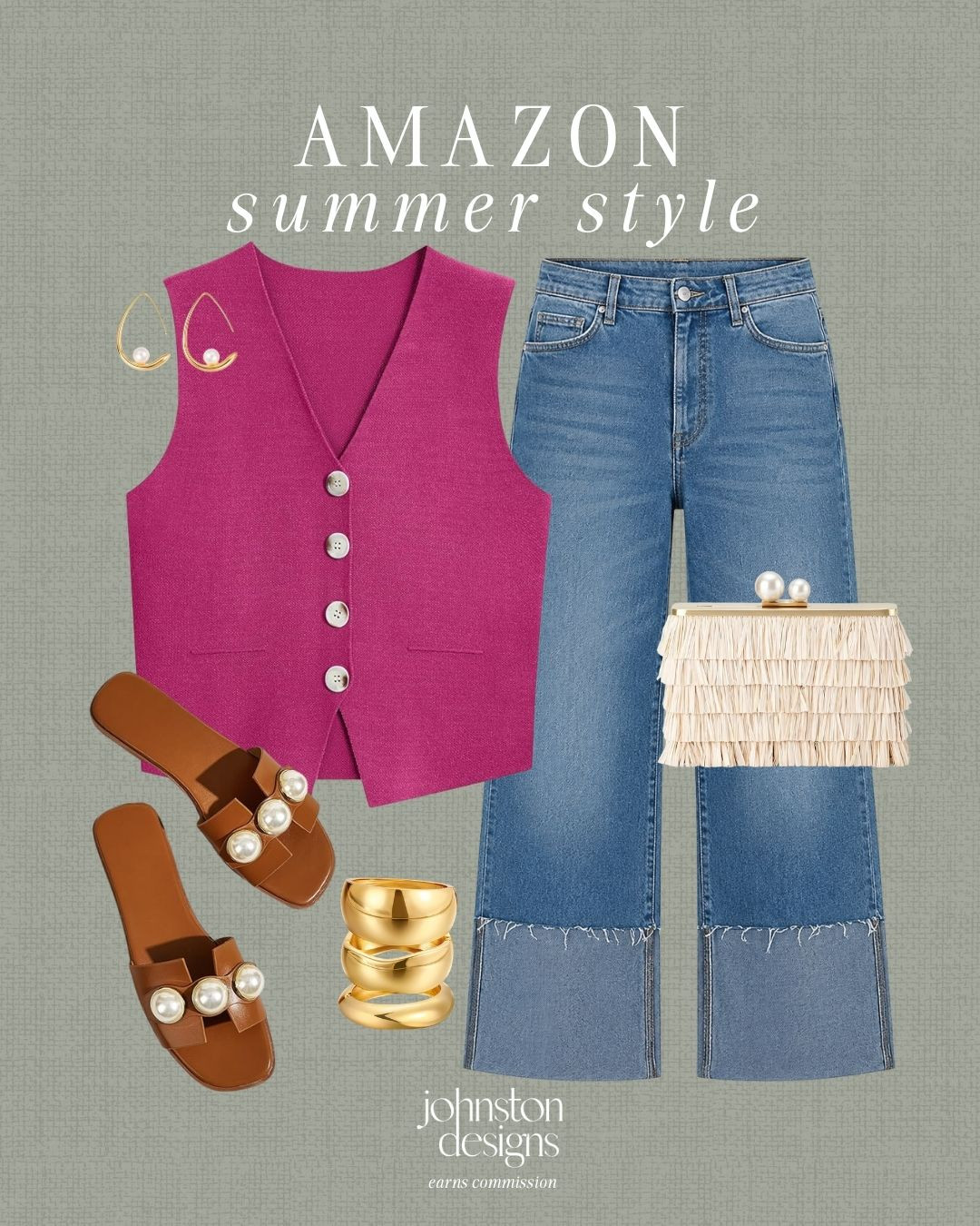Amazon summer style with a bright pink top, wide leg denim and pearl details for a fun polished look. Love this for dinner plans, vacation nights or a chic weekend outfit. 💗

Amazon summer style, pink vest, wide leg jeans, pearl sandals, raffia clutch, gold jewelry, statement earrings, summer outfit, dinner look, vacation style, weekend outfit, polished look, feminine style, affordable finds, chic accessories, warm weather 

 #LTKootd #LTKSeasonal