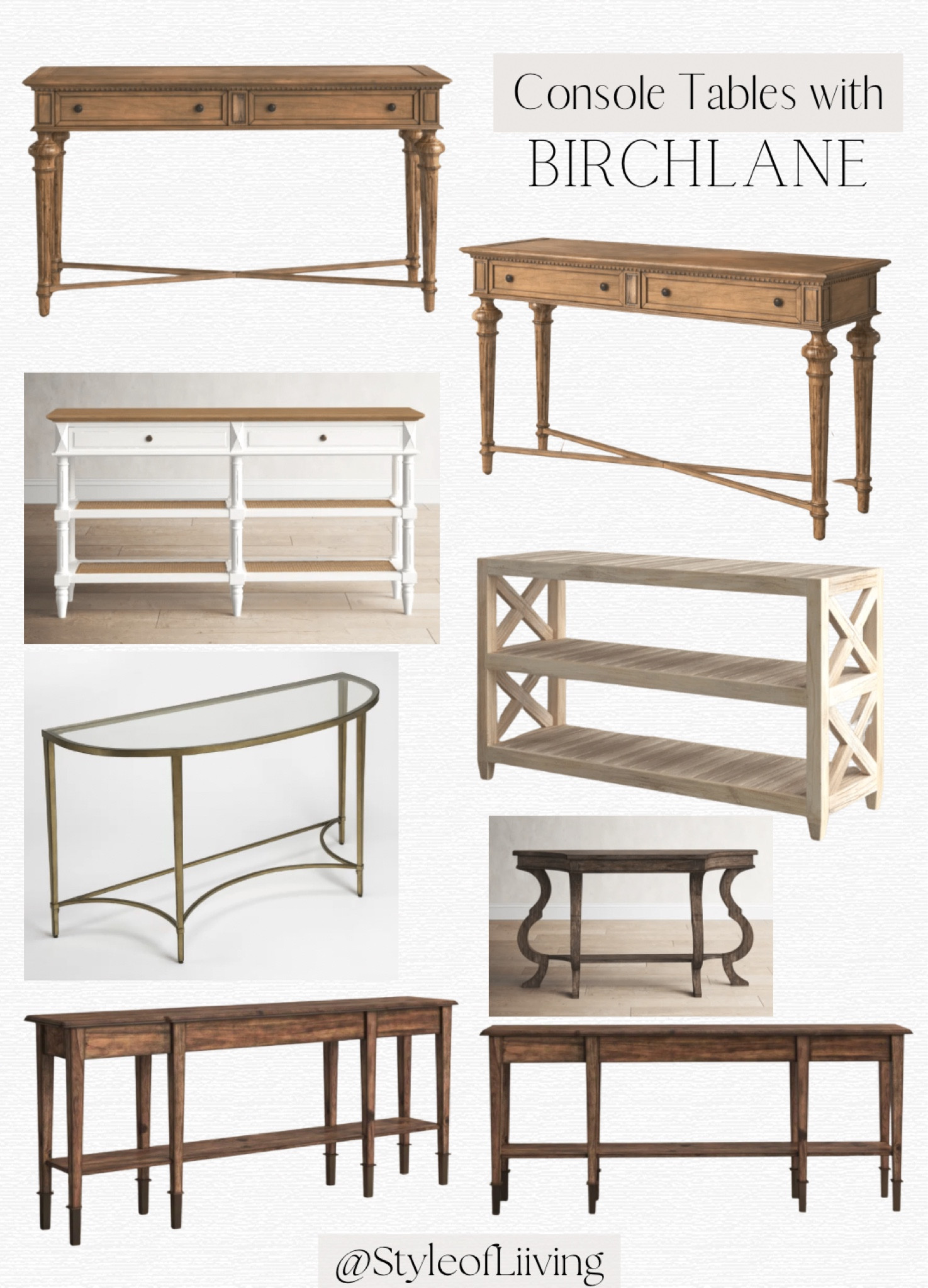 Console tables from Birch Lane! Different size and shape furniture items. Wood rectangular tables. Half moon metal and glass in antique gold. White wood. Less than $1,000. Entryway furniture.

#LTKhome #LTKstyletip #LTKsalealert