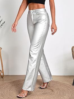WDIRARA Women's Metallic High Waist Button Pocket Front Denim Trousers Loose Fit Straight Leg Jea... | Amazon (US)