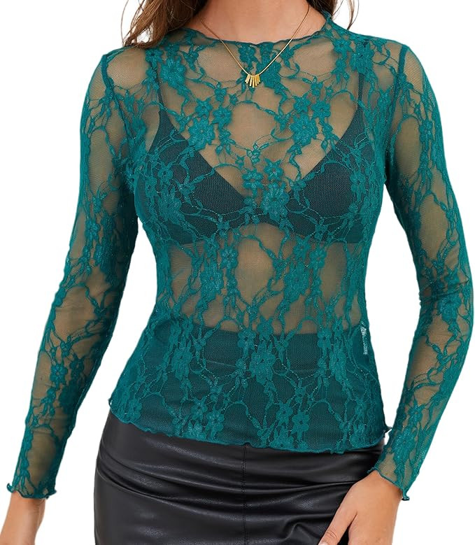 Enyprok Women's Mesh Top Long Sleeve Mock Neck Sheer Blouse See Through Floral Lace Tops | Amazon (US)
