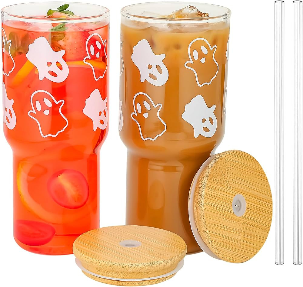 2 Reusable 24oz Glass Cups with Lids and Straws - Clear Tumblers with Ghost Pattern - Wedding Ann... | Amazon (US)