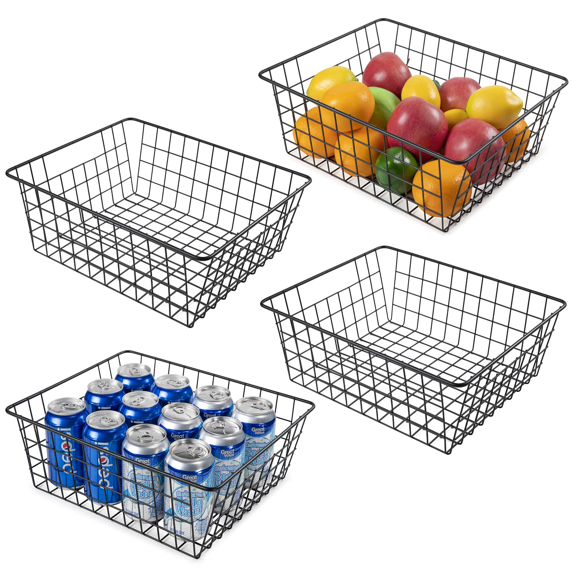 Wire Storage Baskets for Organizing, Vtopmart 4 Pack Metal Wire Freezer Organizer Bins with Handles, Large Pantry Baskets for Kitchen Cabinets, Bathroom, Laundry, Garage, Black | Amazon (US)