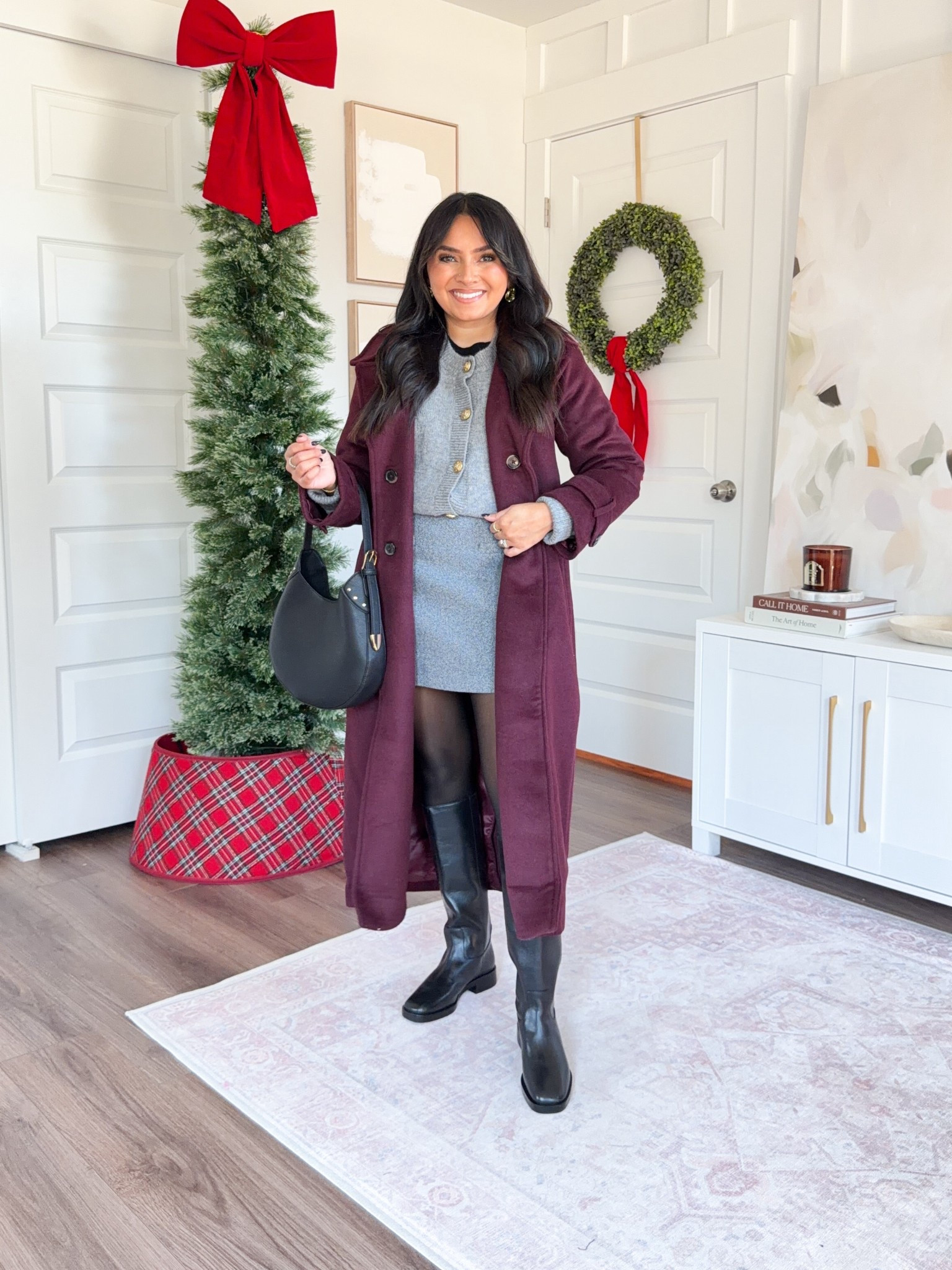 Burgundy coat size xs petite TTS
Gray sweater - similar linked
Gray boucle skirt size 2 TTS
Black tights size small TTS
Black boots - similar linked

#LTKPetite #LTKFindsUnder50 #LTKFindsUnder100